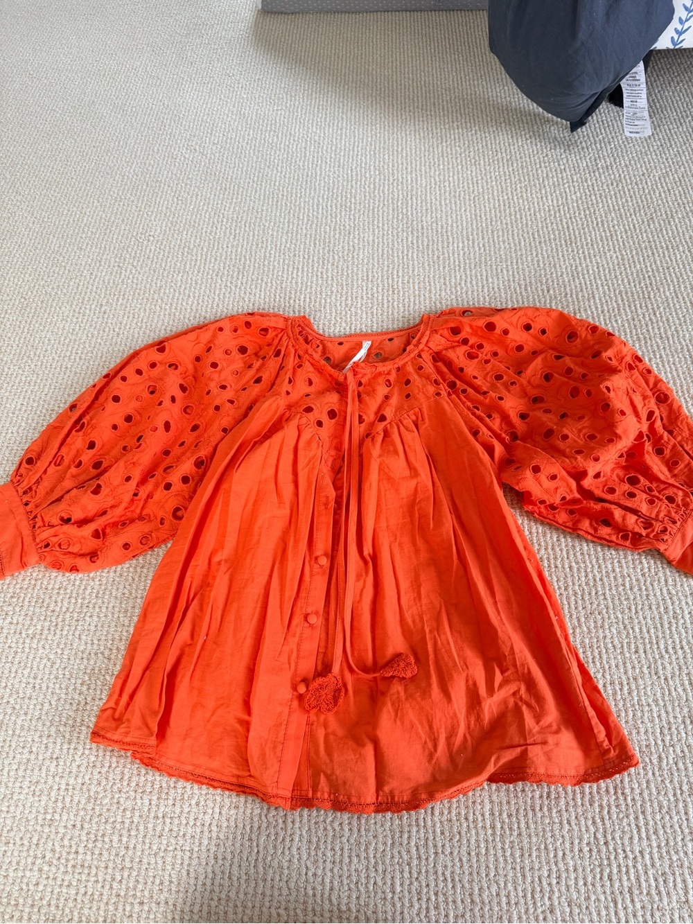 Anthropologie Vibrant Orange Eyelet Puff-Sleeve Blouse
